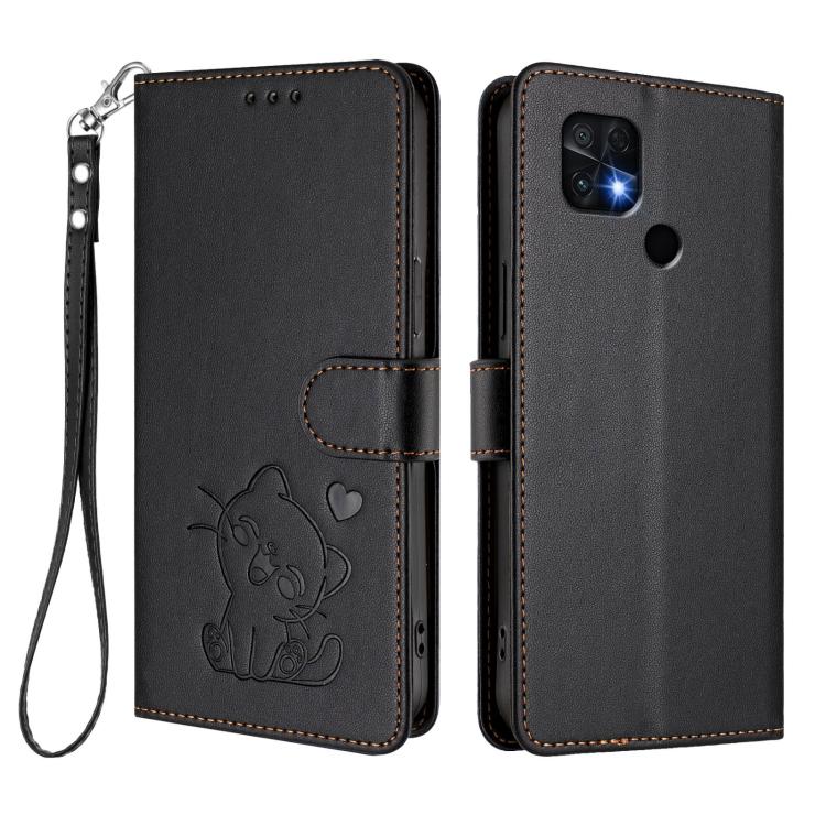 For Redmi 10 2022 India / 10C Embossed Heart Cat Leather Phone Case with Hand Strap