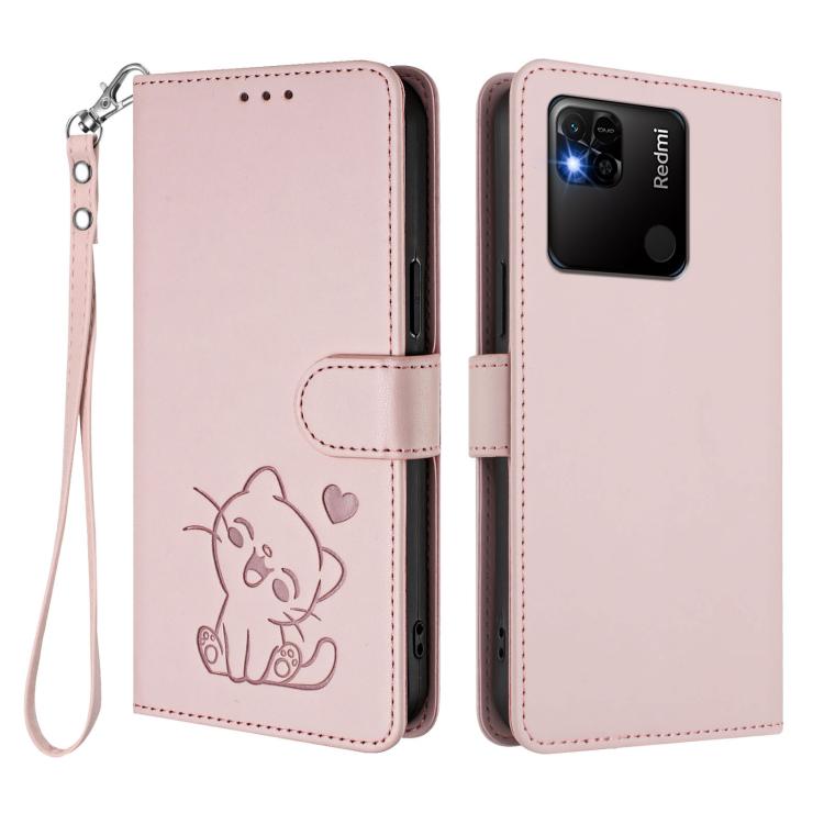 For Redmi 10A / 9C Embossed Heart Cat Leather Phone Case with Hand Strap