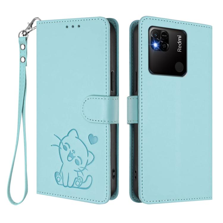 For Redmi 10A / 9C Embossed Heart Cat Leather Phone Case with Hand Strap