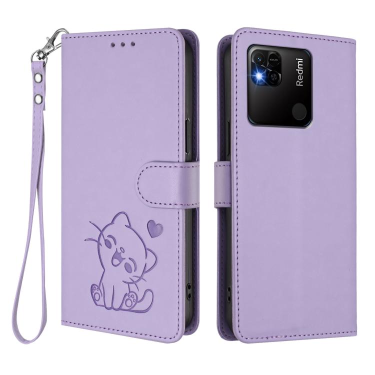 For Redmi 10A / 9C Embossed Heart Cat Leather Phone Case with Hand Strap