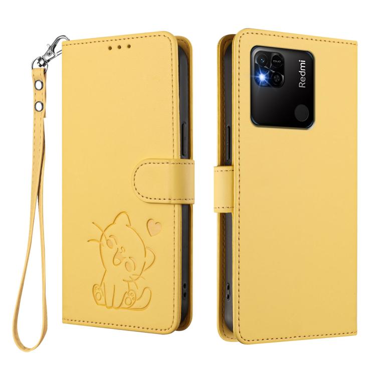 For Redmi 10A / 9C Embossed Heart Cat Leather Phone Case with Hand Strap