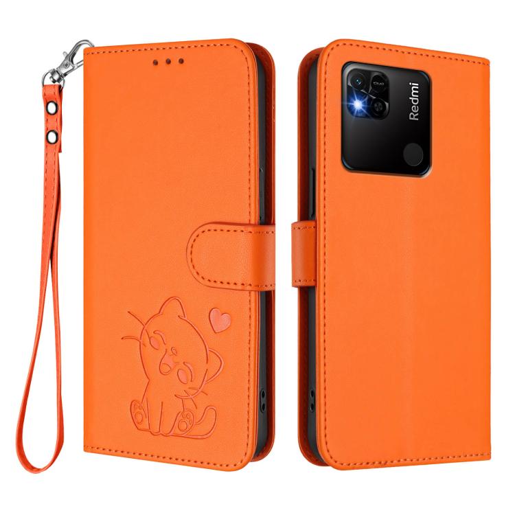 For Redmi 10A / 9C Embossed Heart Cat Leather Phone Case with Hand Strap