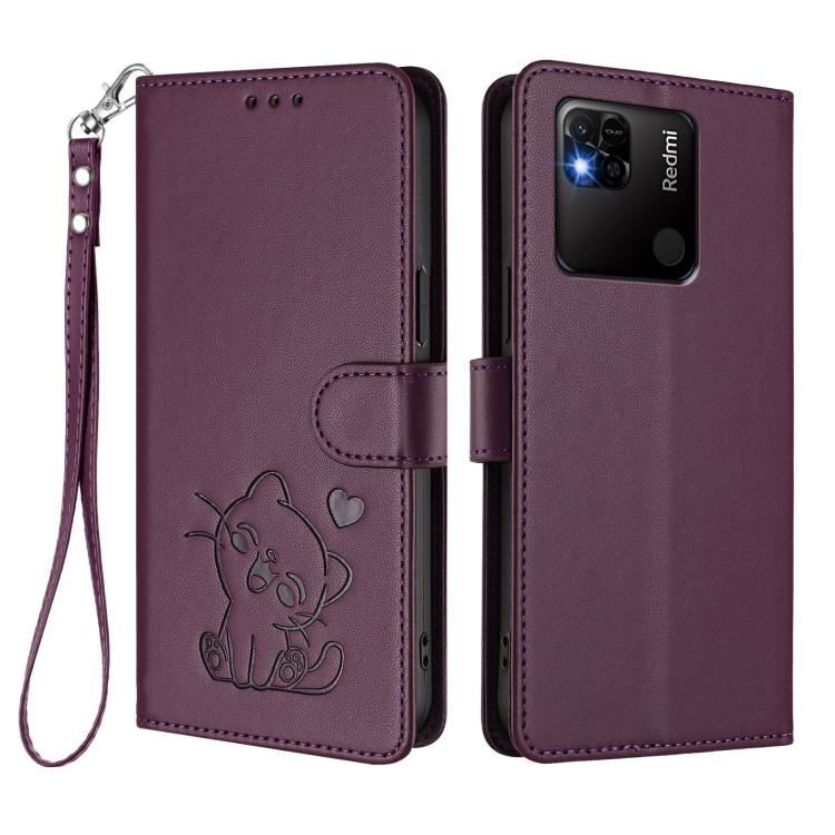 For Redmi 10A / 9C Embossed Heart Cat Leather Phone Case with Hand Strap