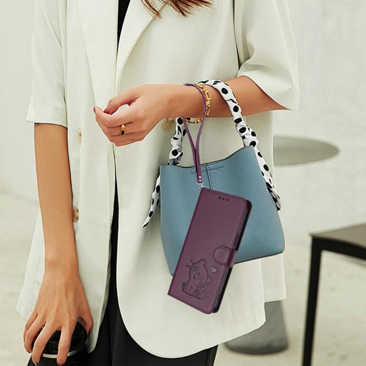 For Redmi 10A / 9C Embossed Heart Cat Leather Phone Case with Hand Strap
