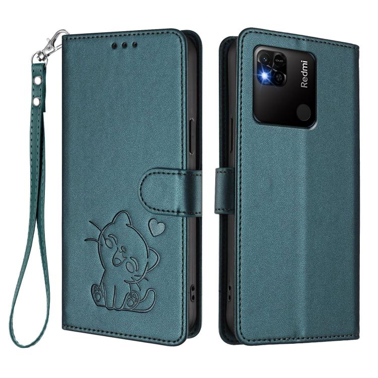 For Redmi 10A / 9C Embossed Heart Cat Leather Phone Case with Hand Strap