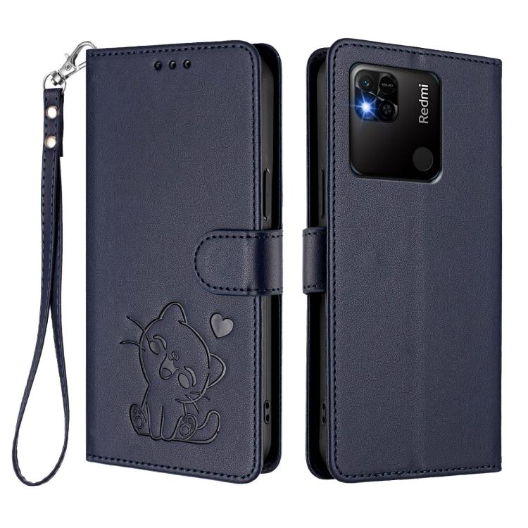 For Redmi 10A / 9C Embossed Heart Cat Leather Phone Case with Hand Strap