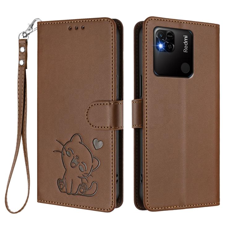 For Redmi 10A / 9C Embossed Heart Cat Leather Phone Case with Hand Strap