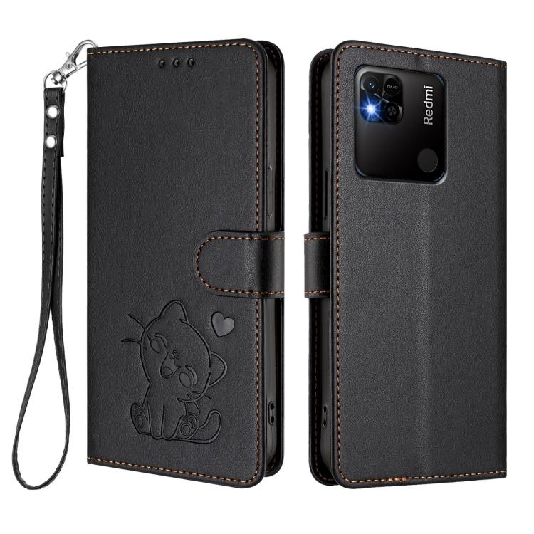 For Redmi 10A / 9C Embossed Heart Cat Leather Phone Case with Hand Strap