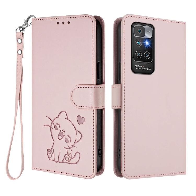 For Redmi 10 2022 Embossed Heart Cat Leather Phone Case with Hand Strap