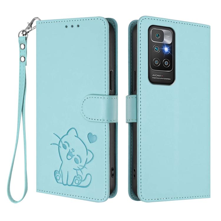 For Redmi 10 2022 Embossed Heart Cat Leather Phone Case with Hand Strap