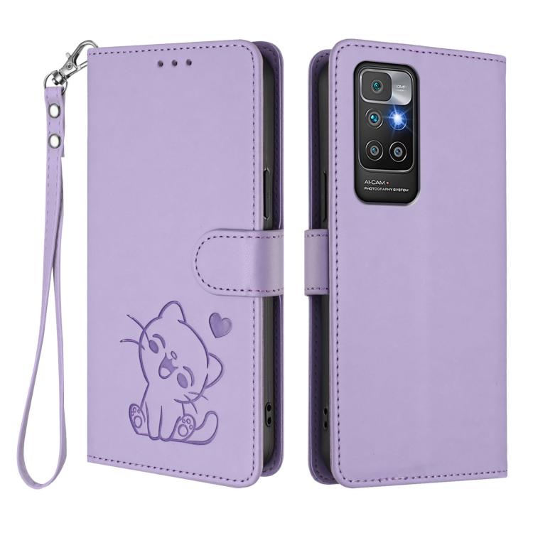 For Redmi 10 2022 Embossed Heart Cat Leather Phone Case with Hand Strap