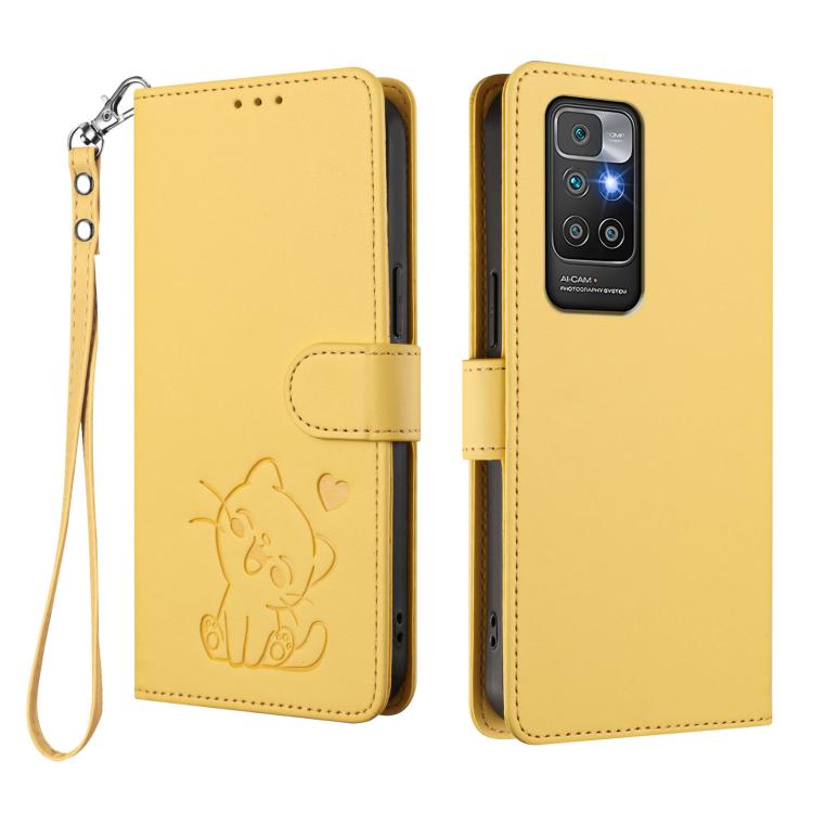 For Redmi 10 2022 Embossed Heart Cat Leather Phone Case with Hand Strap