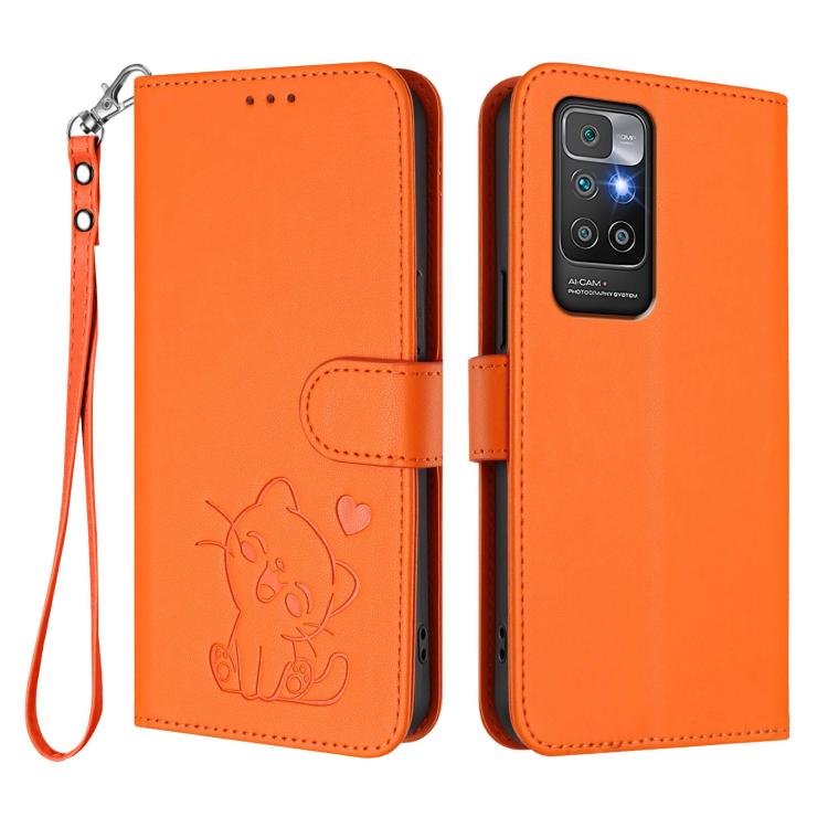 For Redmi 10 2022 Embossed Heart Cat Leather Phone Case with Hand Strap