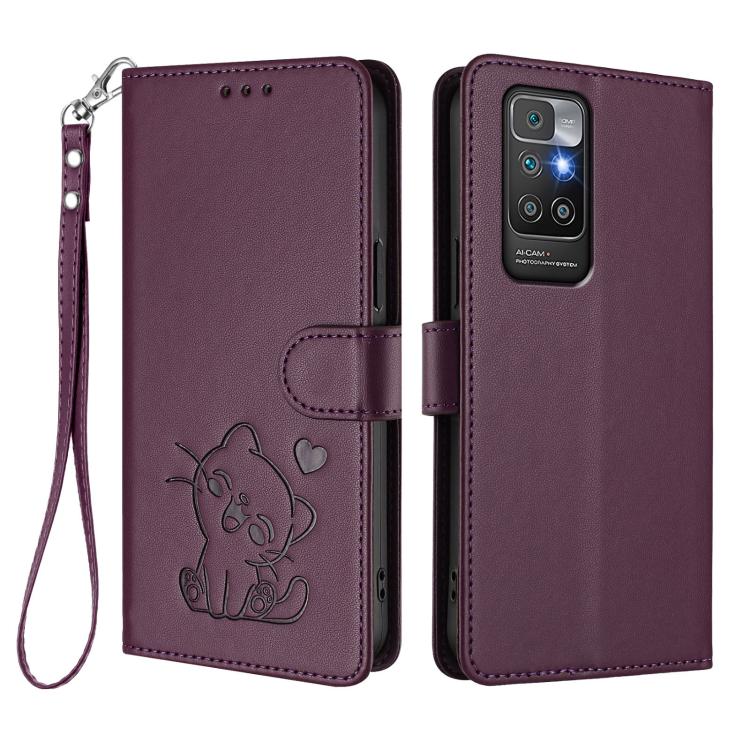 For Redmi 10 2022 Embossed Heart Cat Leather Phone Case with Hand Strap