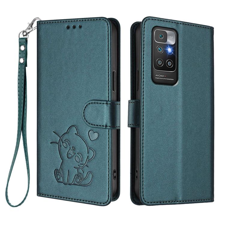 For Redmi 10 2022 Embossed Heart Cat Leather Phone Case with Hand Strap
