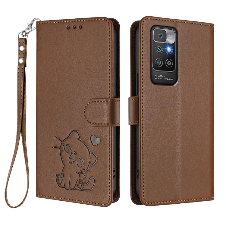 For Redmi 10 2022 Embossed Heart Cat Leather Phone Case with Hand Strap