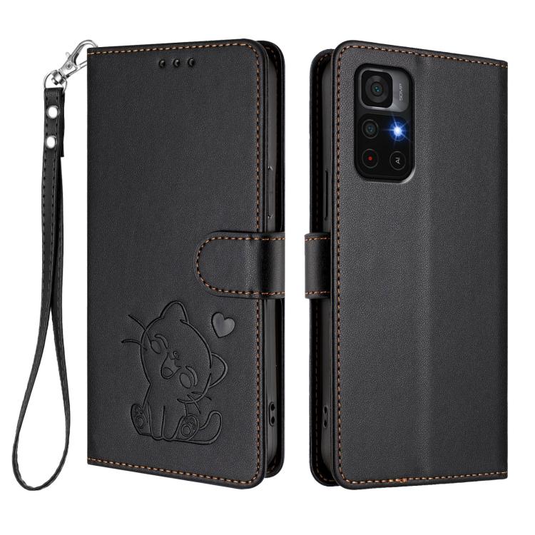 For Redmi Note 11S 5G / Xiaomi Poco M4 Pro 5G Embossed Heart Cat Leather Phone Case with Hand Strap