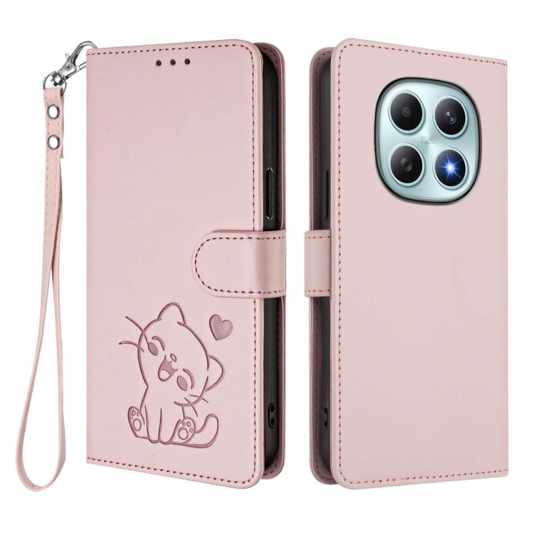 For Redmi Note 15 5G / 4G 164mm / Poco M8 5G Embossed Heart Cat Leather Phone Case with Hand Strap