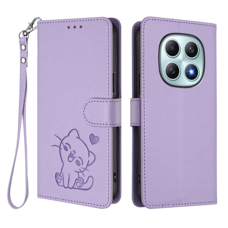 For Redmi Note 15 5G / 4G 164mm / Poco M8 5G Embossed Heart Cat Leather Phone Case with Hand Strap