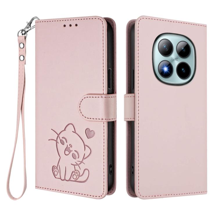For Redmi Note 15 Pro+ 5G 163.3mm/Poco M8 Pro 5G Embossed Heart Cat Leather Phone Case with Hand Strap