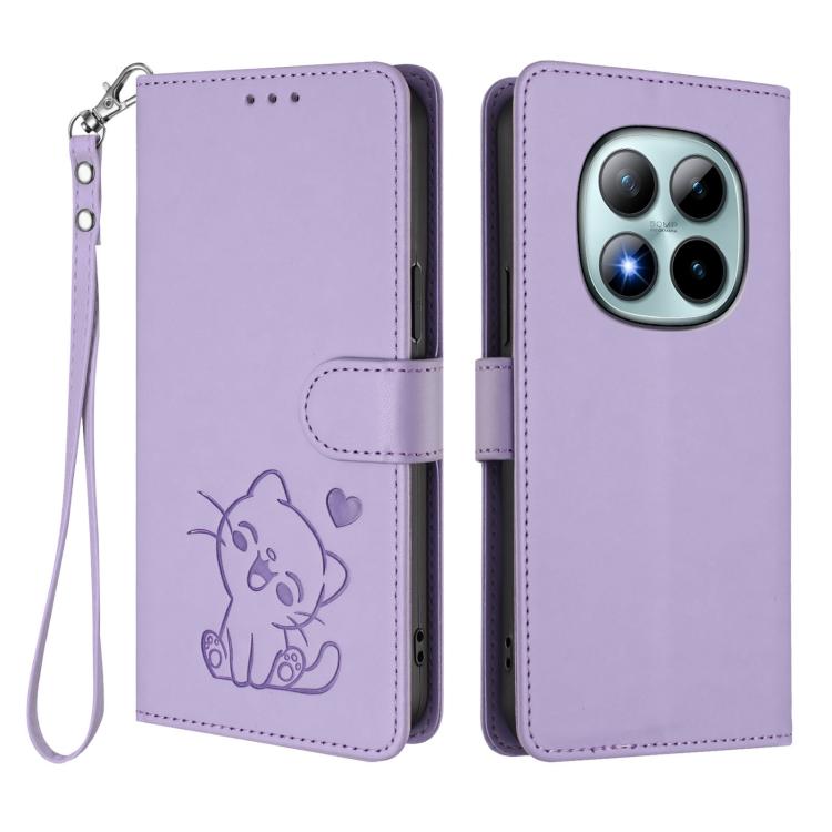 For Redmi Note 15 Pro+ 5G 163.3mm/Poco M8 Pro 5G Embossed Heart Cat Leather Phone Case with Hand Strap
