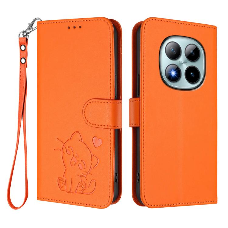 For Redmi Note 15 Pro+ 5G 163.3mm/Poco M8 Pro 5G Embossed Heart Cat Leather Phone Case with Hand Strap