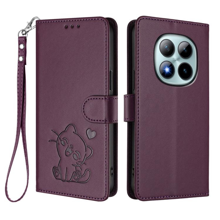For Redmi Note 15 Pro+ 5G 163.3mm/Poco M8 Pro 5G Embossed Heart Cat Leather Phone Case with Hand Strap