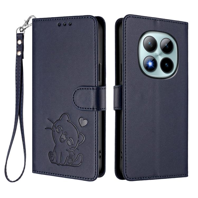 For Redmi Note 15 Pro+ 5G 163.3mm/Poco M8 Pro 5G Embossed Heart Cat Leather Phone Case with Hand Strap