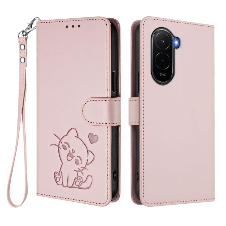 For Xiaomi Poco M7 4G 169mm Embossed Heart Cat Leather Phone Case with Hand Strap