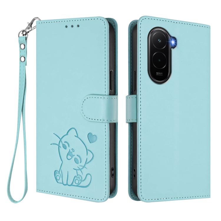 For Xiaomi Poco M7 4G 169mm Embossed Heart Cat Leather Phone Case with Hand Strap