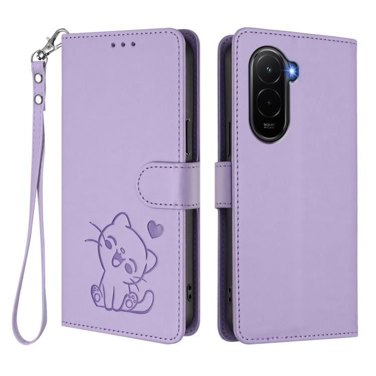 For Xiaomi Poco M7 4G 169mm Embossed Heart Cat Leather Phone Case with Hand Strap