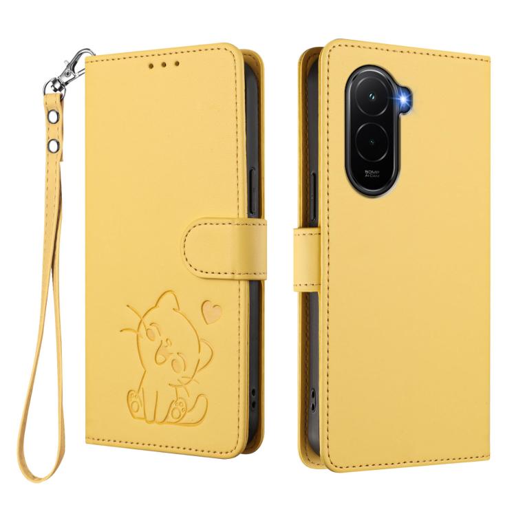For Xiaomi Poco M7 4G 169mm Embossed Heart Cat Leather Phone Case with Hand Strap