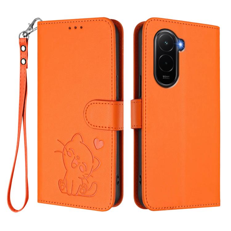 For Xiaomi Poco M7 4G 169mm Embossed Heart Cat Leather Phone Case with Hand Strap