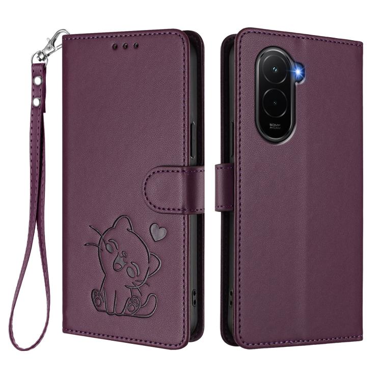For Xiaomi Poco M7 4G 169mm Embossed Heart Cat Leather Phone Case with Hand Strap