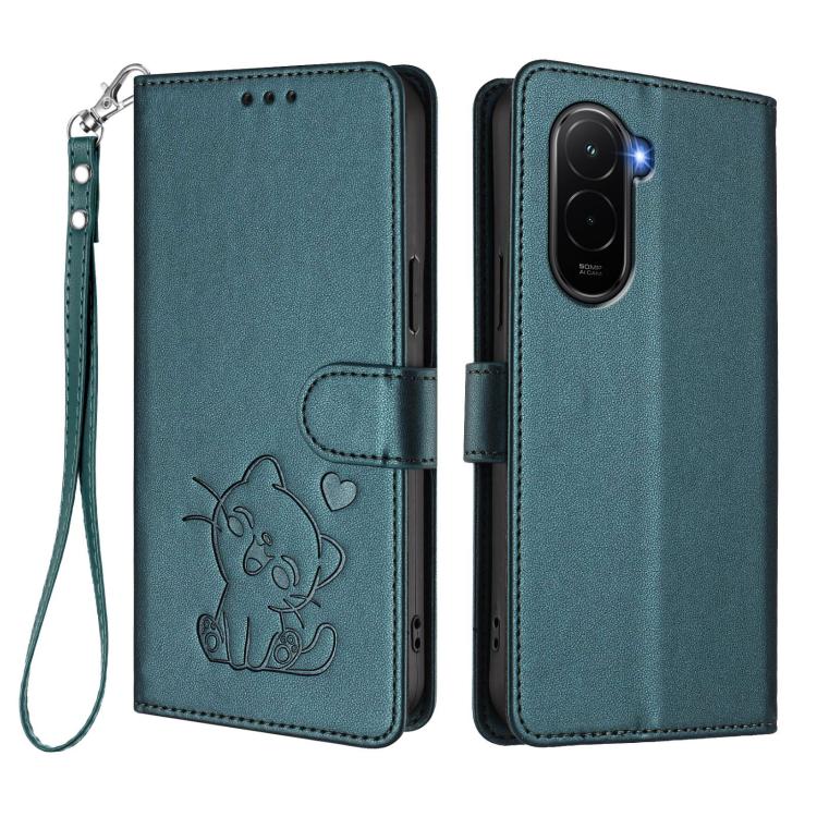 For Xiaomi Poco M7 4G 169mm Embossed Heart Cat Leather Phone Case with Hand Strap