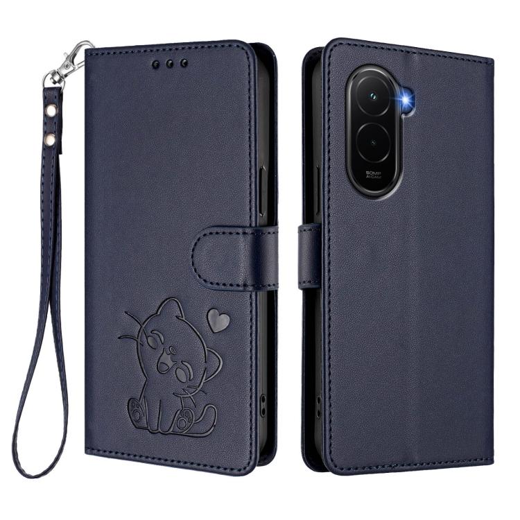 For Xiaomi Poco M7 4G 169mm Embossed Heart Cat Leather Phone Case with Hand Strap
