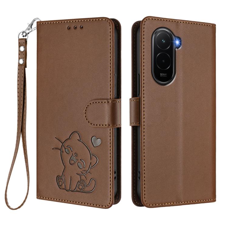 For Xiaomi Poco M7 4G 169mm Embossed Heart Cat Leather Phone Case with Hand Strap