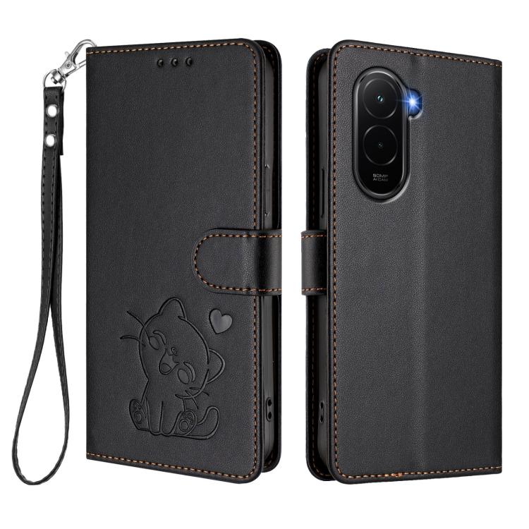 For Xiaomi Poco M7 4G 169mm Embossed Heart Cat Leather Phone Case with Hand Strap