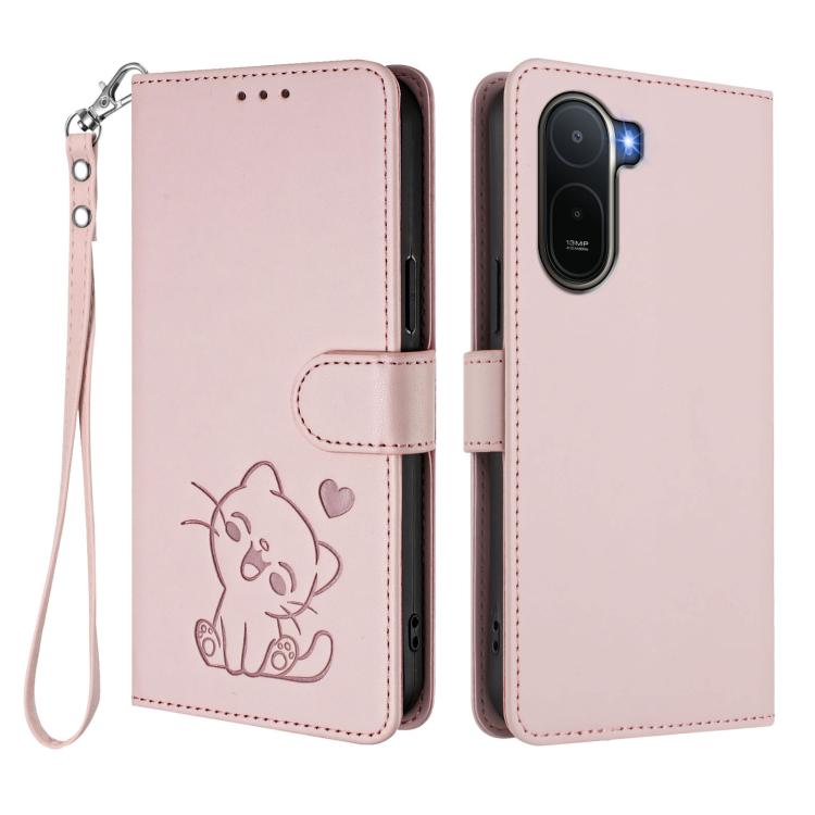 For Redmi A7 Pro 4G / 5G 171mm / Poco C85x 5G Embossed Heart Cat Leather Phone Case with Hand Strap