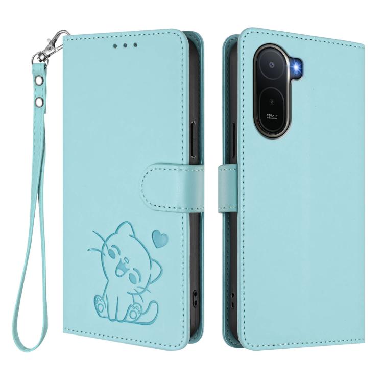 For Redmi A7 Pro 4G / 5G 171mm / Poco C85x 5G Embossed Heart Cat Leather Phone Case with Hand Strap