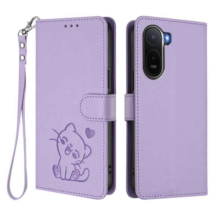 For Redmi A7 Pro 4G / 5G 171mm / Poco C85x 5G Embossed Heart Cat Leather Phone Case with Hand Strap