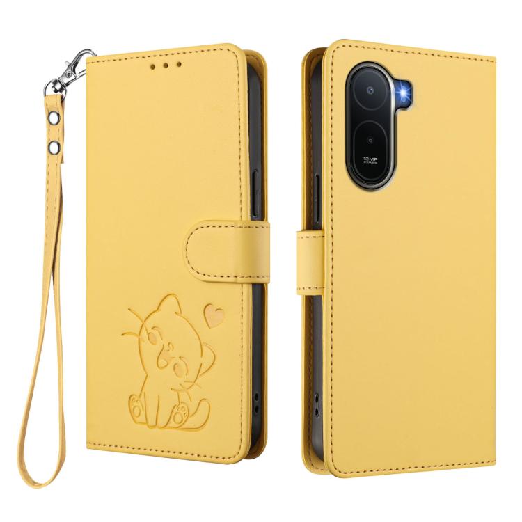 For Redmi A7 Pro 4G / 5G 171mm / Poco C85x 5G Embossed Heart Cat Leather Phone Case with Hand Strap