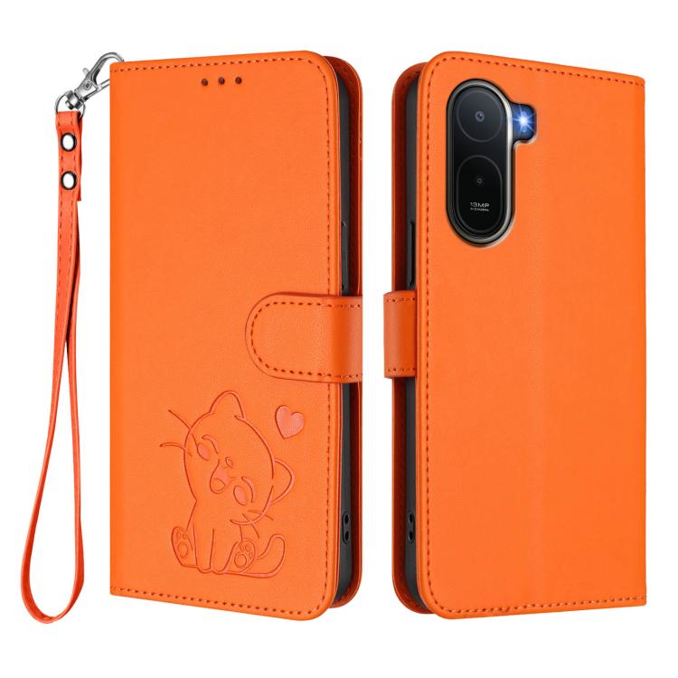 For Redmi A7 Pro 4G / 5G 171mm / Poco C85x 5G Embossed Heart Cat Leather Phone Case with Hand Strap