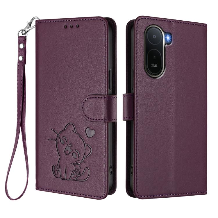 For Redmi A7 Pro 4G / 5G 171mm / Poco C85x 5G Embossed Heart Cat Leather Phone Case with Hand Strap