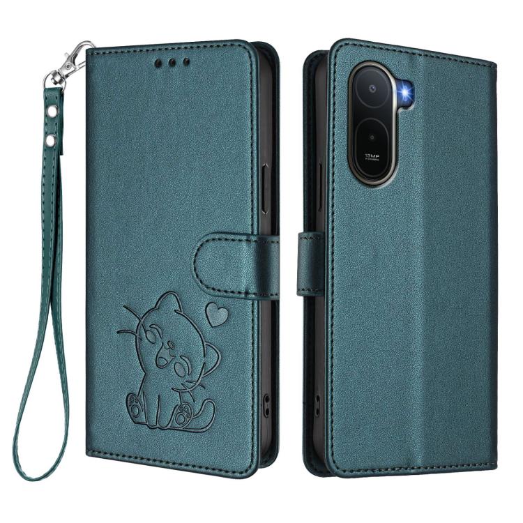 For Redmi A7 Pro 4G / 5G 171mm / Poco C85x 5G Embossed Heart Cat Leather Phone Case with Hand Strap