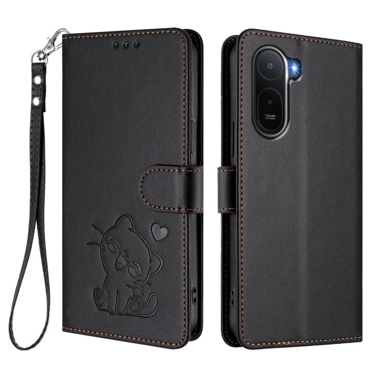 For Redmi A7 Pro 4G / 5G 171mm / Poco C85x 5G Embossed Heart Cat Leather Phone Case with Hand Strap