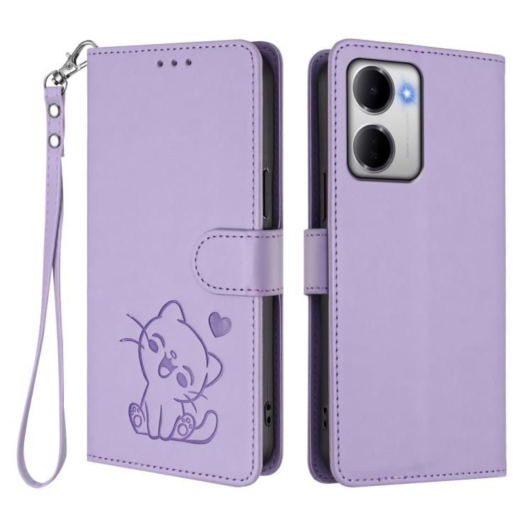 For Redmi 15a 5G Embossed Heart Cat Leather Phone Case with Hand Strap