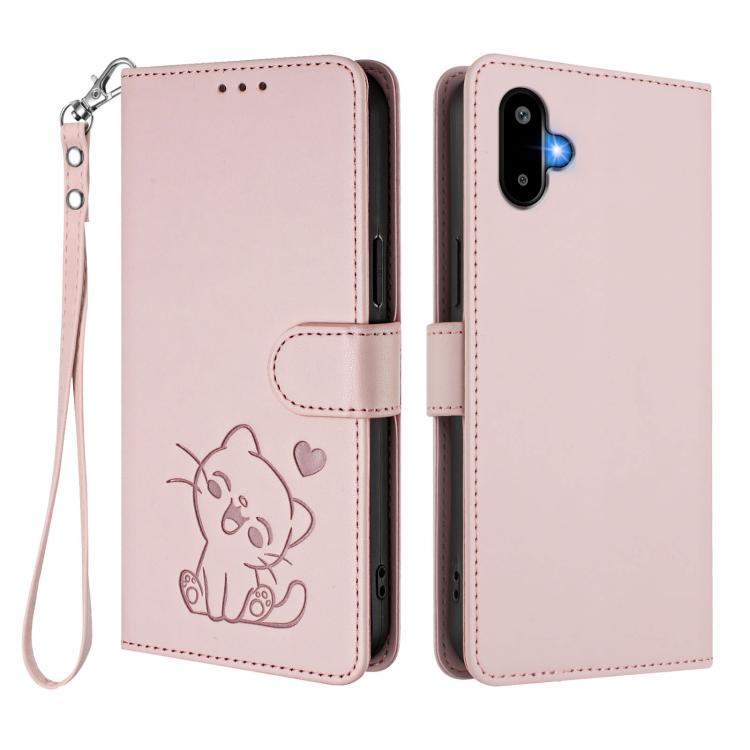 For Samsung Galaxy M06 5G / F06 5G Embossed Heart Cat Leather Phone Case with Hand Strap