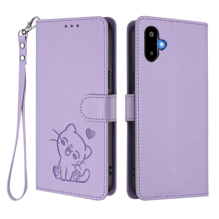 For Samsung Galaxy M06 5G / F06 5G Embossed Heart Cat Leather Phone Case with Hand Strap