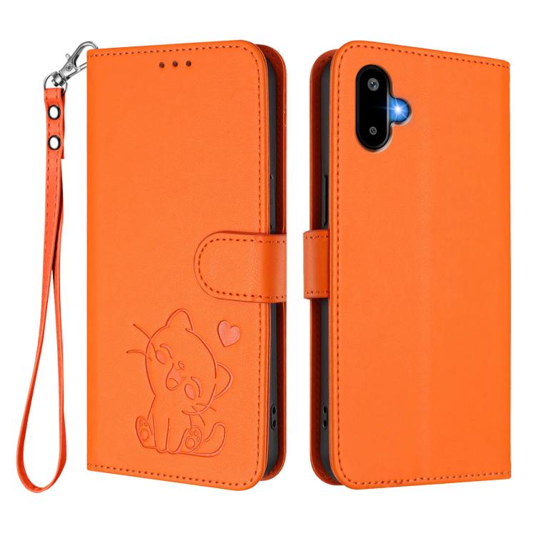 For Samsung Galaxy M06 5G / F06 5G Embossed Heart Cat Leather Phone Case with Hand Strap